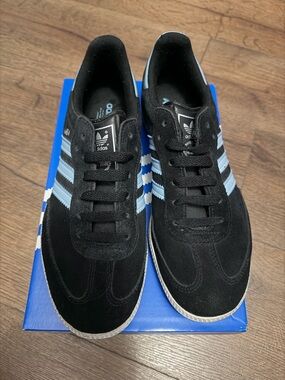adidas Samba • Black Suede Sneakers with Light Blue Three Stripes